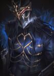  1boy aiguillette black_background black_hair black_helm black_jacket breath capitano_(genshin_impact) chain commentary covered_abs covered_navel covered_pectorals crovius english_commentary faceless faceless_male fur-trimmed_jacket fur_trim genshin_impact gold_chain gold_trim helm helmet highres jacket long_hair long_sleeves male_focus pectorals simple_background solo upper_body 