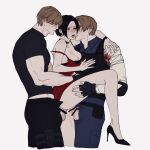  1girl 2boys aaamber_22 ada_wong arm_around_neck bandaged_arm bandages bar_censor bare_shoulders black_choker black_gloves black_hair black_pants black_shirt black_shoes blonde_hair blood blood_on_clothes blue_pants blue_shirt breasts brown_eyes bulletproof_vest censored choker cleavage clenched_teeth collared_shirt cowboy_shot cum cum_in_pussy double_penetration dress elbow_pads fingerless_gloves gloves group_sex hand_on_another&#039;s_chest high_heels highres leon_s._kennedy medium_breasts midriff_peek mmf_threesome multiple_boys open_mouth pants parted_bangs parted_lips police police_uniform red_dress resident_evil resident_evil_2 resident_evil_4 shirt shoes strap_slip sweat tears teeth threesome time_paradox white_background 