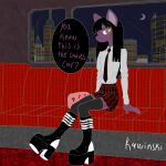 alternative_fashion ambiguous_gender anthro boots city cityscape clothing domestic_cat eliza_(kawinski) felid feline felis female footwear goth hairless hairless_cat hi_res humanoid inside_train kawinski mammal necktie platform_boots platform_footwear school_uniform shoes solo speech_bubble sphynx_(cat) trans_(lore) trans_woman_(lore) uniform worried