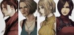  4girls absurdres ada_wong ashley_graham black_hair blonde_hair blood blood_on_face blue_tank_top breasts brown_hair claire_redfield ericson_blum harness highres jacket jewelry jill_valentine long_hair medium_breasts multiple_girls necklace orange_sweater parted_bangs ponytail portrait red_jacket red_sweater resident_evil short_hair sleeveless sleeveless_turtleneck sweater tank_top turtleneck turtleneck_sweater white_background white_tank_top 