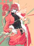  1boy abstract belt black_leotard clothing_cutout cowboy_shot cropped_jacket crotch_cutout dio_brando earrings eyelashes gears hands_on_own_hips heart hoop_earrings ichirinhna jacket jewelry jojo_no_kimyou_na_bouken leotard limited_palette long_hair male_focus pants red_jacket red_pants smirk solo star_(symbol) stardust_crusaders symbolism yellow_belt 