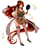  apron blue_eyes bow braid breasts cleavage frying_pan hair_bow hong_meiling ladle large_breasts long_hair looking_at_viewer mary_janes naked_apron open_mouth panzer red_hair shoes sketch smile solo star thighhighs touhou twin_braids white_legwear 