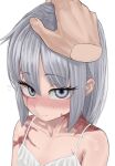  1girl bare_shoulders blush burn_scar commentary_request deivo dorei_to_no_seikatsu_~teaching_feeling~ eyelashes flying_sweatdrops frills grey_hair headpat highres looking_at_viewer pov purple_eyes scar scar_on_face scar_on_shoulder sidelocks simple_background solo sylvie_(dorei_to_no_seikatsu) white_background 