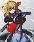  >:) 1girl black_coat black_scarf black_sleeves blonde_hair blush bow closed_mouth coat coat_partially_removed commentary dress dual_wielding english_commentary eyewear_on_head fur_collar gloved_sleeves gloves hair_bow hairband hammer highres hoarah_lux holding holding_hammer hololive hololive_indonesia kaela_kovalskia kaela_kovalskia_(1st_costume) long_dress long_sleeves looking_at_viewer mallet medium_hair pantyhose red-tinted_eyewear red_bow red_eyes red_gloves red_hairband scarf side_slit single_glove smile solo sunglasses swept_bangs tinted_eyewear v-shaped_eyebrows virtual_youtuber white_dress wind 