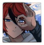  1boy absurdres black_streaks blue_background blue_eyes border brunchcorpse commentary english_commentary grey_eyes heterochromia highres hood hoodie jacket male_focus multicolored_hair official_alternate_eye_color ok_sign ok_sign_over_eye parted_lips portrait red_hair short_hair sparkle spoilers streaked_hair sumino_takumi the_hundred_line_-last_defense_academy- three-toned_background white_background white_border white_hoodie 