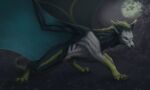 black_body black_fur blue_body blue_eyes blue_fur blue_membrane canid canine claws dragon female feral fur furred_dragon furred_scalie green_body green_claws green_fur green_mane hi_res hybrid looking_at_viewer mammal mane membrane_(anatomy) membranous_wings mythological_creature mythological_scalie mythology night pink_vulva scalie solo vulva white_body white_fur wings ztalex