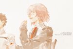  1boy 1girl black_hair cake cake_slice chair chaldea_uniform copyright_notice fate_(series) food fruit fujimaru_ritsuka_(male) jacket kalak_39 long_sleeves mash_kyrielight necktie open_clothes open_jacket pixiv_username purple_hair red_necktie short_hair smile strawberry strawberry_cake teeth twitter_username white_background 