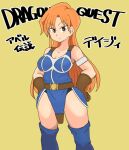  1girl armlet armor belt blue_armor blue_thighhighs breasts brown_gloves closed_mouth daisy_(dq) dragon_quest dragon_quest_yuusha_abel_densetsu gloves hamoya jewelry long_hair looking_at_viewer orange_hair solo thighhighs 