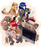  4girls alice_(afternoon_gleam) anger_vein animal_ears axe back bad_source black_dress black_hair blacksmith_(ragnarok_online) blonde_hair blue_eyes blue_hair blue_shorts blush boots brown_bandana brown_boots brown_gloves brown_jacket brown_shorts brown_skirt brown_wings cat_ears charm_(object) commentary_request dated_commentary demon_wings dress fake_animal_ears full_body fur-trimmed_boots fur_trim garter_straps gloves green_eyes grey_boots grey_thighhighs head_wings holding holding_axe hug jacket juliet_sleeves long_hair long_sleeves looking_at_viewer looking_to_the_side merchant_(ragnarok_online) money_bag multiple_girls one_eye_closed open_mouth pink_thighhighs poring priest_(ragnarok_online) puffy_sleeves ragnarok_online red_eyes red_hair shirt short_hair short_shorts shorts shrug_(clothing) simple_background skirt sleeveless sleeveless_shirt squatting striped_clothes striped_thighhighs thief_(ragnarok_online) thighhighs white_shirt wings 