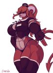 absurd_res anthro brown_body clothing confirming_identity cosplay crossover crossover_cosplay diana_za_warudo(genozawarudo) doorglin female five_nights_at_freddy&#039;s freddy_(fnaf) fredina&#039;s_nightclub frenni_(cryptiacurves) generation_2_pokemon hair hat headgear headwear hi_res houndoom inviting_viewer legwear looking_at_viewer muscular muscular_female muscular_thighs name_tag nintendo pokemon pokemon_(species) ponytail scottgames solo tail thigh_highs top_hat