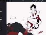  1boy 1girl aaamber_22 ada_wong bare_arms bare_shoulders black_choker black_gloves black_hair black_nails black_shirt black_shoes blood blood_on_clothes blood_on_face blood_on_ground breasts choker dress english_text fingerless_gloves game_over gloves hair_between_eyes hands_on_own_cheeks hands_on_own_face high_heels highres leon_s._kennedy light_smile long_dress lying medium_breasts nail_polish on_back parted_bangs red_dress resident_evil resident_evil_2 shirt shoes short_hair side_slit sleeveless sleeveless_dress squatting thigh_strap 