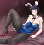  1girl animal_ear_hairband animal_ears asaka_karin black_hair black_pantyhose blue_eyes blue_leotard blunt_bangs bow bowtie breasts cleavage detached_collar fake_animal_ears hairband highres kiru_(bsesso) large_breasts leotard long_hair looking_at_viewer love_live! love_live!_nijigasaki_high_school_idol_club medium_hair pantyhose playboy_bunny rabbit_ears rabbit_tail red_bow red_bowtie sitting solo strapless strapless_leotard tail wrist_cuffs yokozuwari 