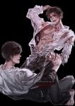  2boys abs barefoot black_background black_eyes black_hair black_jacket black_pants blood blood_on_body blood_on_clothes blood_on_face blood_on_hands brown_eyes brown_hair chinese_commentary collared_shirt cuts d-sun-diamond fighting hand_on_own_head holding_another&#039;s_wrist in_love_with_an_idiot injury jacket jian_suiying kneeling li_yu_(in_love_with_an_idiot) looking_at_another looking_at_viewer looking_back lying male_focus multicolored_jacket multiple_boys muscular muscular_male navel nipples off_shoulder on_back open_clothes open_mouth open_shirt pants parted_lips pectorals sample_watermark shirt short_hair simple_background sitting sitting_on_person smile straddling toned toned_male torn_clothes watermark white_jacket white_shirt yaoi 