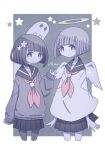  2girls angel angel_wings black_hair black_sailor_collar black_skirt blunt_bangs bob_cut border closed_mouth commentary cowboy_shot ghost grey_sweater halo highres long_sleeves looking_at_viewer miniskirt multiple_girls neckerchief omochi_noa original outside_border pleated_skirt red_neckerchief sailor_collar school_uniform serafuku short_hair signature skirt smile standing star_(symbol) sweater traditional_halo white_border wings 