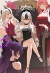  4girls aru_(blue_archive) aru_(dress)_(blue_archive) bare_shoulders black_choker black_dress black_hairband black_shoes blue_archive bow bracelet breasts brown_cardigan cardigan chinese_commentary choker cleavage closed_mouth commentary crossed_legs demon_girl demon_horns dress earrings elbow_gloves fang from_behind fur_shawl gloves gold_bracelet hair_between_eyes hair_bow hairband haruka_(blue_archive) haruka_(dress)_(blue_archive) high_heels highres horns jacket jacket_on_shoulders jewelry kayoko_(blue_archive) kayoko_(dress)_(blue_archive) large_breasts long_hair multiple_bracelets multiple_girls mutsuki_(blue_archive) mutsuki_(dress)_(blue_archive) necklace official_alternate_costume official_alternate_hairstyle on_chair one_side_up open_mouth pink_eyes playing_with_own_hair pointy_ears purple_bow purple_dress purple_eyes purple_hair red_dress red_eyes red_jacket shadow117 shawl shoes sidelocks sitting skin_fang smile white_gloves yellow_eyes 