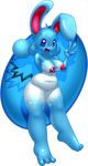  azumarill blue_eyes blue_skin chubby elpatrixf female hi_res nintendo pok&#233;mon pok&eacute;mon pussy red_eyes shiny solo v_sign video_games 