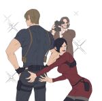  1girl 2boys aaamber_22 ada_wong beard black_boots black_gloves black_hair black_pants black_pantyhose blonde_hair boots breasts brown_eyes brown_hair brown_jacket camera chest_hair collared_shirt dress facial_hair fingerless_gloves gloves grabbing_another&#039;s_ass groping hands_on_own_hips harness highres holding holding_camera jacket leon_s._kennedy long_sleeves luis_sera medium_breasts multiple_boys muscular muscular_male pants pantyhose parted_bangs red_dress red_lips resident_evil resident_evil_4 shirt short_dress short_hair sparkle thigh_boots tight_clothes tight_shirt turtleneck turtleneck_dress white_background white_shirt 
