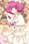  bad_id bad_pixiv_id blush bow dress flower frilled_dress frills frown gundam haman_karn hat hat_bow lolita_fashion machinosuke pink_hair purple_eyes qubeley rose short_hair solo thighhighs white_dress white_hat white_legwear younger 