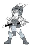  1girl armlet armor belt boots breasts cleavage closed_mouth daisy_(dq) dragon_quest dragon_quest_yuusha_abel_densetsu fake_horns full_body gloves greyscale hamoya helmet horned_helmet horns jewelry long_hair looking_at_viewer monochrome simple_background solo sword thighhighs weapon white_background 