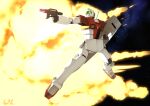  assault_visor beam_gun explosion full_body gm_(mobile_suit) gun gundam holding holding_gun holding_shield holding_weapon legs_apart looking_at_viewer mobile_suit mobile_suit_gundam no_humans pointing pointing_to_the_side shield space w3b_(saviorw3b) weapon 