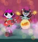 2018 antennae_(anatomy) anthro arthropod blue_clothing blue_hair blue_shirt blue_topwear boots bottomwear clothing disney double-neck_guitar drum drum_set drumstick_(musical) duo eyewear female female/female fly_(animal) footwear glasses gloves hair handwear insect maggie_pesky multi_arm multi_limb musical_instrument neurithforge percussion_instrument pink_clothing pink_footwear pink_hair pink_socks rayna_cartflight shirt shoes skirt socks the_buzz_on_maggie topwear white_clothing white_gloves white_handwear yellow_bottomwear yellow_clothing yellow_skirt