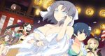  5girls aqua_kimono armor bell black_hat blonde_hair blue_eyes blue_hair blunt_bangs bow breasts brown_hair cleavage dark_background drum eyeshadow fang fangs floral_print floral_print_kimono flower game_cg gradient_background grey_hair hair_bow hair_flower hair_ornament hair_ribbon hairband hairclip hannya hat heart highres horns instrument japanese_armor japanese_clothes jewelry kimono kote kurokote lantern large_breasts long_hair makeup mask medium_hair minori_(senran_kagura) mole mole_under_mouth multiple_girls murakumo_(senran_kagura) neck_bell necklace noh_mask non-web_source official_art open_mouth parted_bangs print_kimono red_eyes red_ribbon ribbon senran_kagura senran_kagura_estival_versus shiki_(senran_kagura) short_hair side_ponytail sweatdrop taiko_drum torn_clothes twintails white_bow white_hairband white_kimono yaegashi_nan yozakura_(senran_kagura) yumi_(senran_kagura) 