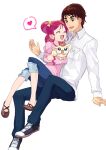  1boy 1girl ^_^ blue_eyes bow brown_hair buntatta closed_eyes coco_(yes!_precure_5) couple denim flats hair_behind_ear hair_bow heart hetero jacket jeans kokoda_kouji long_sleeves looking_at_another multiple_hair_bows open_mouth pants pants_rolled_up pink_hair pink_shirt precure shirt shoes sitting skinny_jeans sneakers thick_eyebrows two_side_up white_background white_jacket yes!_precure_5 yes!_precure_5_gogo! yumehara_nozomi 
