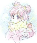  1girl 1other bow coat cold colored_pencil_(medium) fur-trimmed_coat fur_trim graphite_(medium) highres kawamura_toshie light_blush milk_(yes!_precure_5) pink_coat pink_eyes pink_hair precure red_bow signature star_(symbol) traditional_media two_side_up yes!_precure_5 yumehara_nozomi 
