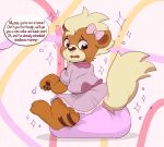 accessory after_transformation age_regression ambiguous_gender arms_bent blush blush_lines bow_ribbon bubblepuppers clean_diaper clothed clothing color_edit colored darkentrophy dialogue diaper dress duo english_text feral fluffy fluffy_tail fur generation_1_pokemon growlithe hair_accessory hair_bow hair_ribbon hi_res looking_back magic magic_user nintendo offscreen_character open_mouth orange_body orange_fur pink_clothing pink_diaper pink_dress pokemon pokemon_(species) rear_view ribbons ryanator simple_background sitting solo_focus sparkles speech_bubble tail text third-party_edit wearing_diaper worried yellow_body yellow_fur