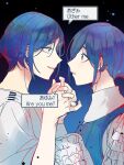  2girls b1ue_e4rth blue_theme collared_shirt commentary_request dual_persona english_text eye_contact face-to-face from_side hair_between_eyes holding_hands interlocked_fingers kisaragi_ayumi korean_commentary limited_palette long_sleeves looking_at_another multiple_girls profile protected_link puffy_long_sleeves puffy_sleeves pun shirt short_hair smile speech_bubble spoilers tomarigi_yasumi toshi_densetsu_kaitai_center upper_body 