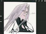  1boy aaamber_22 aqua_eyes armor art_program_in_frame black_coat chest_strap coat cropped_torso final_fantasy final_fantasy_vii grey_hair hair_between_eyes highres long_hair male_focus parted_bangs pauldrons portrait sephiroth shoulder_armor sketch slit_pupils solo white_background 