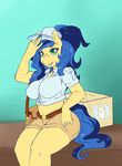  anthro anthrofied aries84 big_breasts blue_hair breasts clothing equine female green_eyes hair hat horse mammal milky_way_(character) my_little_pony navel pony shorts sitting solo two_tone_hair 