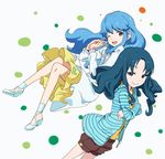  ;d blue_eyes blue_hair crossed_arms dress happinesscharge_precure! heartcatch_precure! highres hood hoodie kurumi_erika long_hair makacoon multiple_girls one_eye_closed open_mouth precure shirayuki_hime shorts smile striped striped_hoodie 