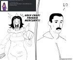 2025 4chan 5_fingers alexandria_(snoot_game) anthro artist_name big_breasts bone_frill breasts cavemanon_studios claws cleavage clothed clothing dialogue dinosaur dress duo elderly elderly_anthro elderly_female english_text espectro111222 facial_hair female finger_claws fingers freddie_mercury frill_(anatomy) front_view hadrosaurid hi_res human male mammal mature_anthro mature_female monochrome mustache open_mouth ornithischian ornithopod parasaurolophus prehistoric_species reptile scalie sketch snoot_game text watermark