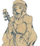  beret enis_no_shounin hat instrument long_sleeves looking_at_viewer lute_(instrument) monochrome short_hair simple_background sketch smile solo theta_(pixiv) 