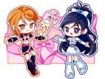  2girls artist_request asymmetrical_bangs belt black_arm_warmers black_gloves black_hair black_leg_warmers black_shirt black_shorts black_skirt blue_belt blue_eyes border bow bowtie bright_pupils brown_eyes brown_shoes chain chibi chinese_commentary commentary_request commission cure_black cure_white dress earrings eyelashes fingerless_gloves frilled_leg_warmers frilled_skirt frilled_sleeves frills futari_wa_precure gloves grin hair_bow hair_ornament happy heart heart_earrings heart_hair_ornament high_ponytail highres jewelry lace-trimmed_dress lace_trim leg_warmers light_blush long_hair magical_girl medium_hair mepple midriff miniskirt mipple misumi_nagisa multiple_girls open_mouth orange_hair outline outside_border outstretched_arms phone pink_background pink_bow pink_bowtie ponytail precure second-party_source shirt shoes short_dress short_ponytail short_sleeves shorts shorts_under_skirt skirt skirt_set smile sparkle split_ponytail square_pupils swept_bangs tsurime turtleneck turtleneck_shirt very_long_hair white_arm_warmers white_border white_bow white_bowtie white_dress white_leg_warmers white_outline white_pupils white_shoes yukishiro_honoka 