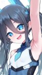  1girl absurdres aqua_eyes aris_(blue_archive) aris_(mecha_suit)_(blue_archive) arm_up armpits black_hair blue_archive blush breasts hair_between_eyes halo highres long_hair long_hair_between_eyes looking_at_viewer matsumaramara necktie official_alternate_costume presenting_armpit ringed_eyes short_necktie small_breasts smile solo twintails upper_body 