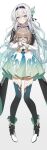  1girl absurdres black_hairband black_jacket black_thighhighs blue_eyes blush brown_hair closed_mouth dress firefly_(honkai:_star_rail) full_body glasses green_dress grey_hair hair_between_eyes hair_ornament hairband high_heels highres honkai:_star_rail honkai_(series) hug hugging_doll hugging_object jacket long_hair nero000 open_mouth pink_eyes simple_background smile solo thighhighs very_long_hair white_background zettai_ryouiki 