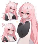  1girl :p absurdres anger_vein animal_ear_fluff animal_ears antenna_hair black_sleeves blush borrowed_character cat_ears cat_girl closed_mouth commentary double-parted_bangs expressionless glaring hair_between_eyes hana20000920 hand_up highres kemonomimi_mode long_hair long_sleeves looking_at_viewer multiple_views mumble_(shachimu) notice_lines original parted_lips pink_eyes pink_hair simple_background sleeves_past_fingers sleeves_past_wrists sweater symbol-only_commentary tongue tongue_out turtleneck turtleneck_sweater v-shaped_eyebrows w white_background white_sweater 