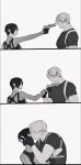  1boy 1girl aaamber_22 ada_wong aiming black_gloves black_hair blonde_hair breasts closed_eyes desert_eagle fingerless_gloves gloves greyscale gun hand_in_another&#039;s_hair handgun harness hetero highres holding holding_another&#039;s_wrist holding_gun holding_weapon kiss leon_s._kennedy lipstick looking_at_another makeup medium_breasts monochrome parted_bangs resident_evil resident_evil_4 shirt short_hair short_sleeves sweater tight_clothes tight_shirt turtleneck turtleneck_sweater upper_body weapon white_background 