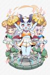  3girls arms_up arum_(world_flipper) black_socks blue_eyes blue_shirt blue_skin blunt_bangs blush_stickers bright_pupils brown_hair cheerleader colored_skin confetti couette_(world_flipper) green_shirt grey_background grey_hair highres holding holding_pom_poms horns low_wings midriff midriff_peek multiple_girls mwm5 navel open_mouth orange_shirt piamo_(world_flipper) pleated_skirt pointy_ears pom_pom_(cheerleading) ponytail red_eyes shirt shoes skirt socks sparkle white_pupils white_shoes wings world_flipper 
