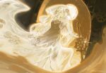  1girl blue_eyes bridal_veil clock dress everlasting_(e.g.o) faust_(project_moon) full_body gear_hair_ornament gears gloves highres holding holding_weapon limbus_company limited_palette looking_at_viewer oneii project_moon short_hair simple_background solo standing veil weapon wedding_dress white_dress white_gloves white_hair white_veil yellow_background 