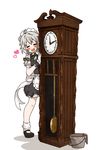  amonitto apron black_dress blush braid bucket clock closed_eyes dress fang grandfather_clock heart izayoi_sakuya maid maid_headdress mary_janes open_mouth shoes silver_hair simple_background smile solo touhou twin_braids waist_apron white_background wrist_cuffs 