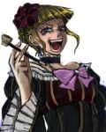  1girl alice_(afternoon_gleam) bad_source beatrice_(umineko) black_choker black_dress blonde_hair blue_eyes blunt_bangs bow bowtie choker commentary_request dated_commentary dress flower frilled_choker frilled_sleeves frills hair_flower hair_ornament holding holding_smoking_pipe laughing long_sleeves looking_at_viewer open_mouth purple_bow purple_bowtie red_flower short_hair simple_background smile smoking_pipe solo umineko_no_naku_koro_ni upper_body v-shaped_eyebrows white_background 