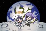  1other 2girls :d bing_huyue black_shoes blush_stickers chibi commentary crater dancing earth_(planet) english_commentary floating footprints gem gem_hair_ornament hair_flaps highres holding_hands hololive hololive_english hololive_indonesia koseki_bijou long_hair moon moona_hoshinova moona_hoshinova_(1st_costume) multiple_girls pebble_(koseki_bijou) planet purple_eyes purple_gemstone purple_hair shoes smile space spacesuit spacewalk star_(sky) virtual_youtuber 