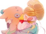  adelie_(space_dandy) bad_id bad_pixiv_id blonde_hair closed_eyes colored_eyelashes kiss maguro_(ma-glo) simple_background solo space_dandy stuffed_animal stuffed_penguin stuffed_toy white_background 