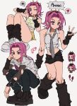  absurdres ass black_arm_warmers black_gloves black_leg_warmers black_pants black_skirt breasts brown_shoes character_name chibi chibi_inset comparison dot_nose double_middle_finger dress_shirt eyelashes fingerless_gloves fishnet_sleeves fishnets fu_r_y genderswap genderswap_(mtf) gloves green_skirt grey_necktie heart highres jojo_no_kimyou_na_bouken leg_warmers long_hair looking_at_viewer looking_down male-female_symbol mars_symbol medium_hair middle_finger miniskirt narciso_anasui necktie one_eye_closed pants pink_hair print_shirt shirt shoes simple_background sitting skirt sleeveless sleeveless_shirt small_breasts spoken_heart spoken_squiggle squatting squiggle standing stone_ocean streetwear thighs torn_clothes torn_sleeves venus_symbol white_background white_shirt white_shoes wing_collar 
