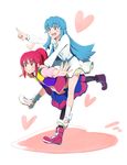  aino_megumi ayatori_(sensei_heroism) blue_eyes blue_hair carrying casual dress happinesscharge_precure! heart long_hair multiple_girls overman_king_gainer pantyhose parody pink_eyes pink_hair pointing ponytail precure shirayuki_hime standing standing_on_one_leg vest 