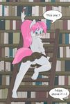  anthro blue_eyes book canine clothed clothing dialog dog english_text eyewear female fur glasses hair helsy librarian library looking_back mammal pink_hair pussy skimpy skirt solo text upskirt white_fur 
