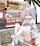  ! !! 1girl 1other animal_ears ankle_wrap armpit_crease bag bikini bikini_skirt blush bow burger commentary drink drinking_straw eating english_text food food_truck food_wrapper footwear_bow full_body hair_ribbon hands_up highres holding holding_burger holding_food hololive ketchup_bottle kureijii_saiko looking_at_viewer menu_board mustard_bottle official_alternate_costume official_alternate_hairstyle outdoors palm_tree paper_bag rabbit_ears rabbit_girl rabbit_ornament ribbon sandals short_hair single_wrist_cuff sitting soda solo_focus swimsuit thigh_strap tree usada_pekora usada_pekora_(summer) virtual_youtuber visor_cap wooden_floor wrist_cuffs yellow_eyes 